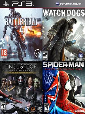 4 JUEGOS EN 1 Battlefield 4 Mas Watch Dogs Mas Injustice Gods Among Us Ultimate Edition Mas Spider-Man Shattered Dimensions PS3
